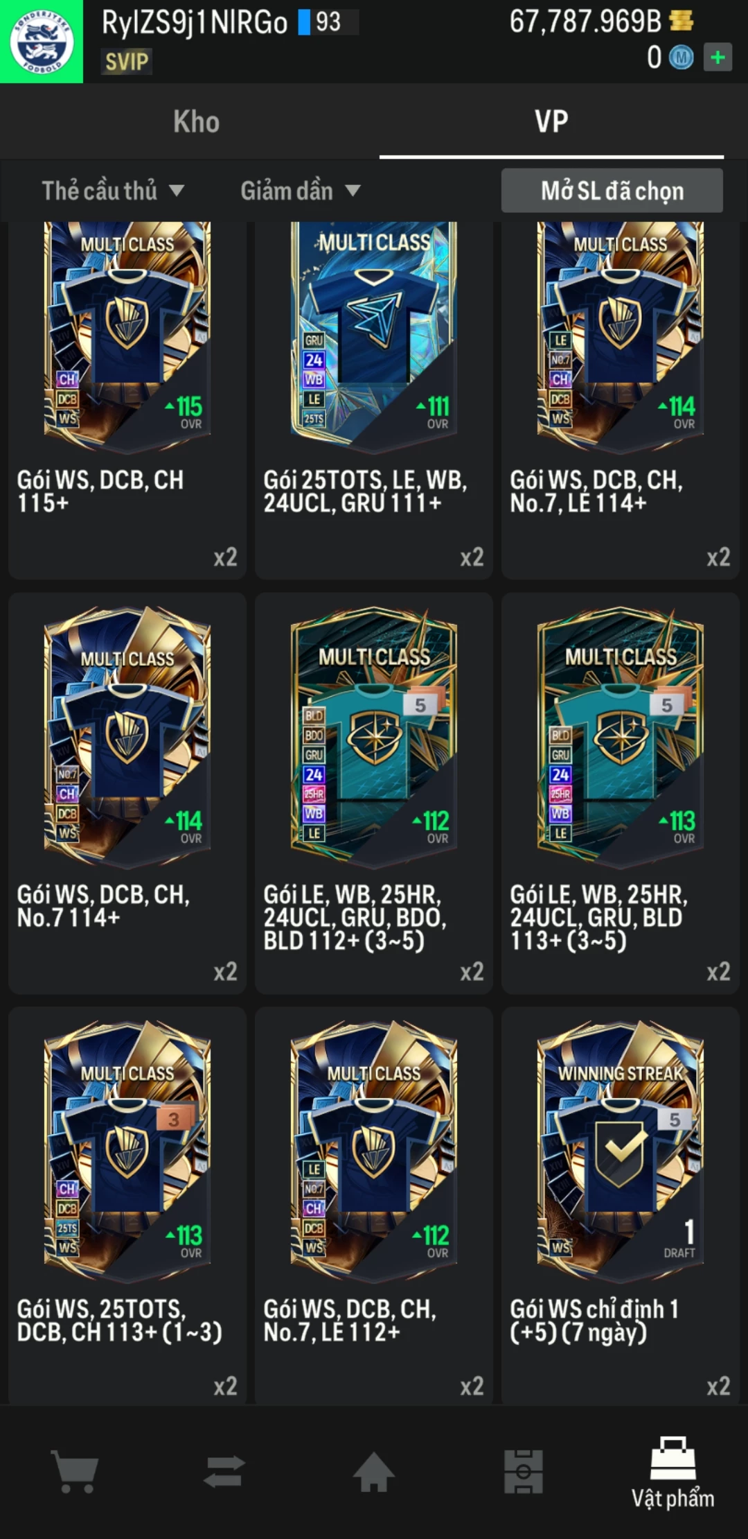 Ảnh ACC mở thẻ (LOẠI SVIP PROMAX) bao gồm 1 gói thẻ +12, thẻ PRIME và 1000+ thẻ cầu thủ từ Siêu sao đến Miền núi các loại. Có sẵn BP trắng trong acc từ 57.000 tỷ BP đến 67.000 tỷ BP, kèm theo nhiều ngày SVIP